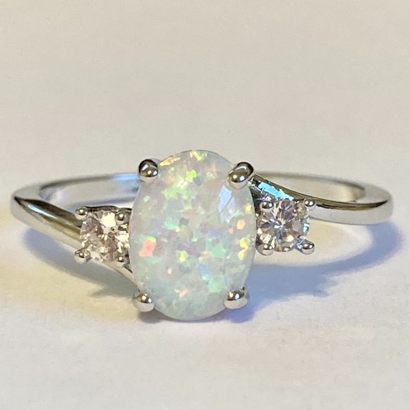 Opal Stone Ring Solitaire Silver Plated Simulated Oval Cut Size 9 10 11 - Picture 2 of 10
